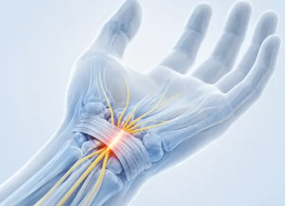 Medical illustration highlighting human wrist with carpal tunnel syndrome